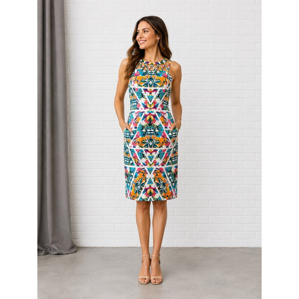 Adrianna Papell Floral Geometric Sheath Dress Size 8 Sleeveless Pockets Lined